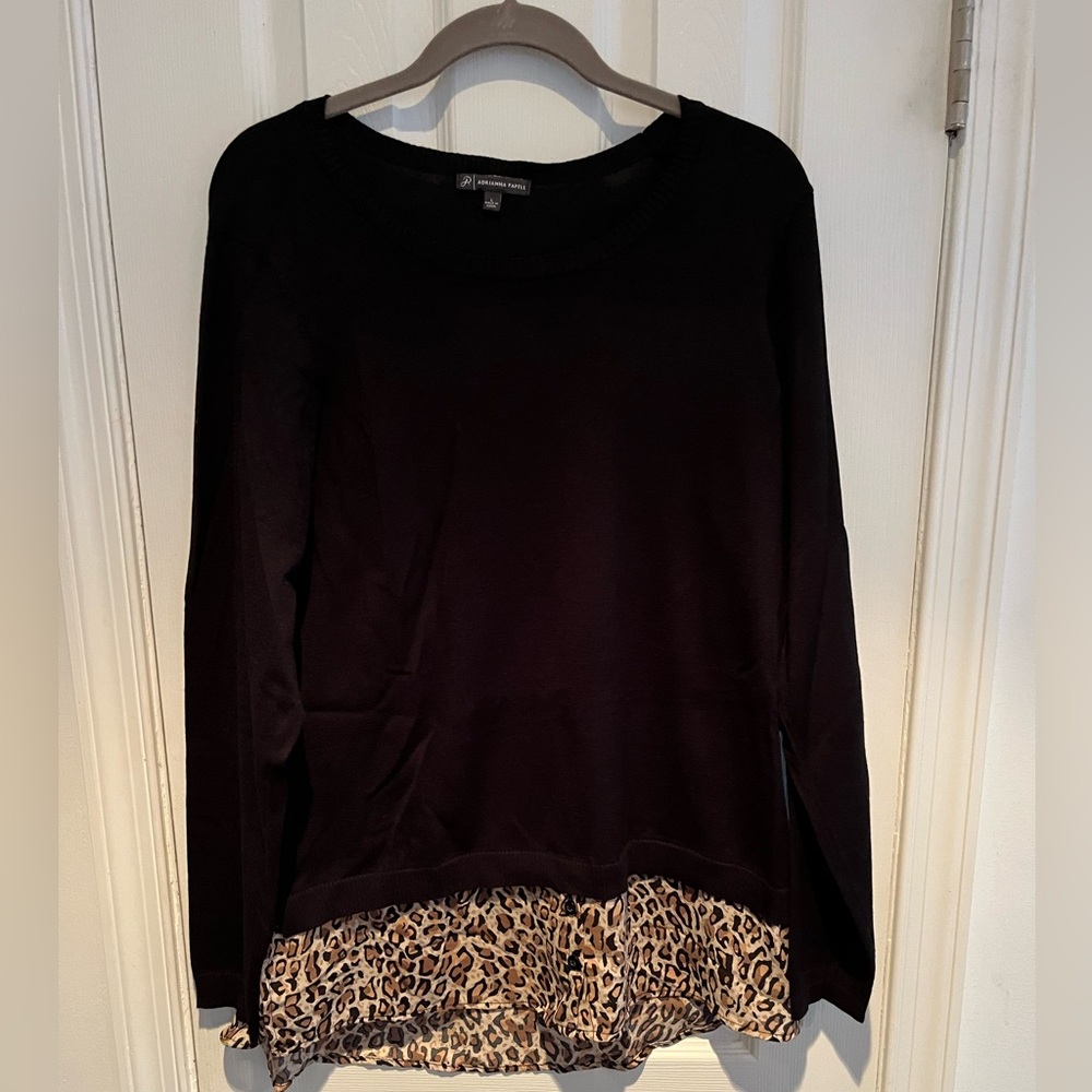 Adrianna Papell Black Sweater with Sheer Leopard Print Hem. Size Large